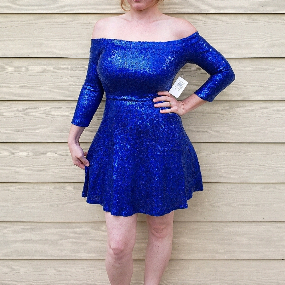 NEW B Darlin Off the Shoulder Royal Sequin Dress